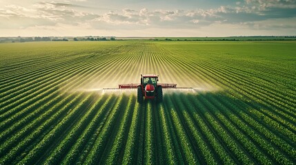Red Tractor Spraying The