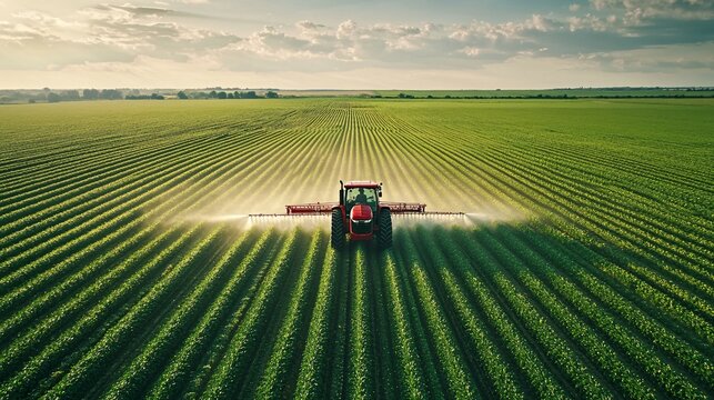 Fototapeta A red tractor spraying the crops on a large green field