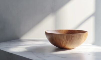 Minimalist interior setup with a sleek wooden bowl placed on a white marble surface, soft lighting enhancing its organic textures and simple elegance