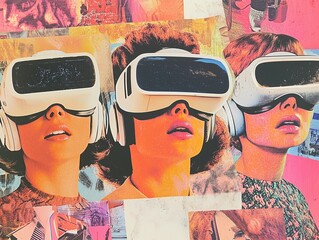 Retro-futuristic collage featuring women with vintage virtual reality headsets in a vibrant and artistic style