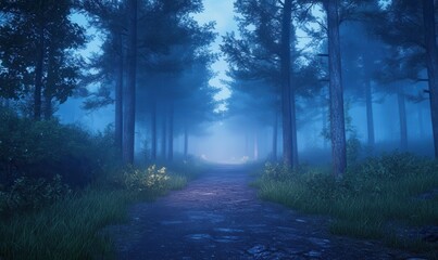 Obraz premium Moonlit forest path lined with tall trees and illuminated by soft blue light, thick mist creating an eerie yet serene atmosphere,