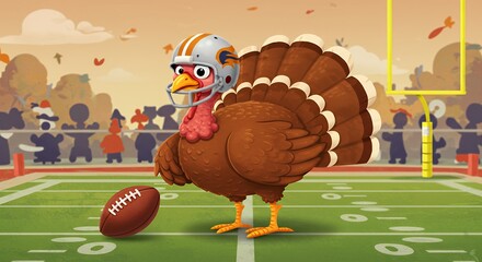 A cartoon turkey wearing a football helmet stands on a field, holding a football.