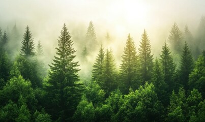 Fototapeta premium Mystical foggy forest with tall pine trees disappearing into the mist, soft diffused light creating an ethereal atmosphere,
