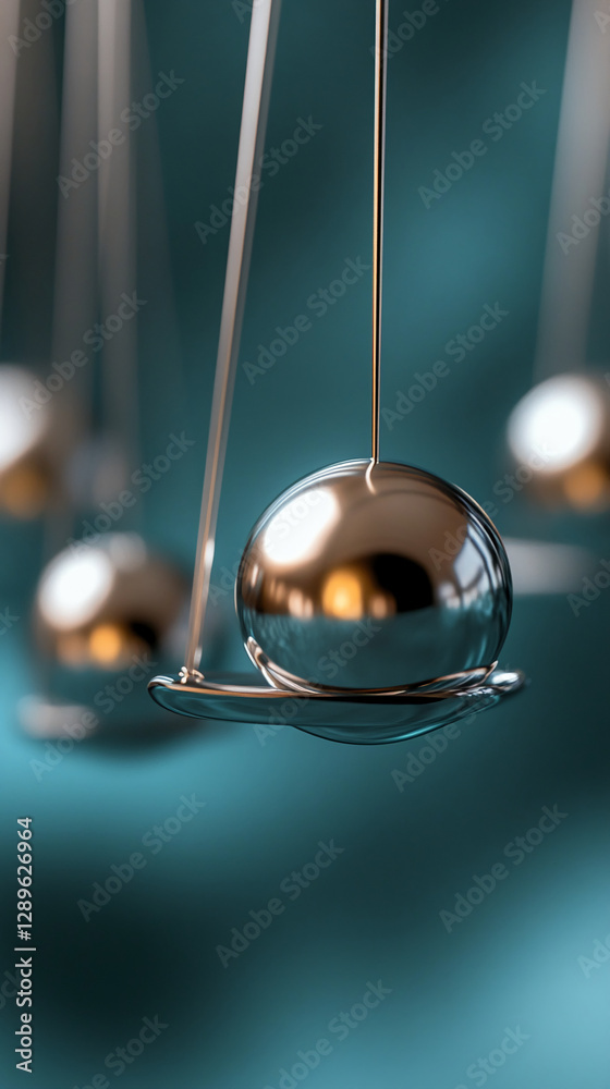 Poster close-up of metallic spheres in motion on a pendulum, with a blurred teal background, symbolizing th