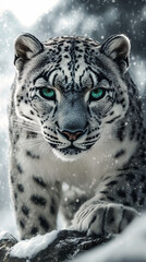 Obraz premium A fierce snow leopard moves through the snowy landscape its green eyes focused and powerful as snowflakes fall capturing raw strength and wild beauty