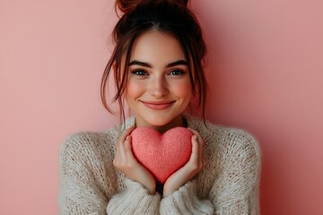 Woman holding a pink heart smiling on a pink background