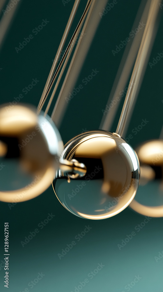Poster Close-up of metallic spheres in motion on a pendulum, showcasing the transfer of energy and precision in physics experiments, with a blurred teal background.