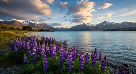 Lupine Flowers Blooming by Lake with Mountains and Cloudy Sky