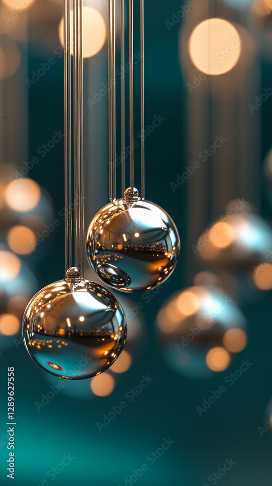 Poster Close-up of two metallic spheres in a Newton's cradle, showcasing the concept of kinetic energy transfer and motion with a blurred background of soft bokeh lights.