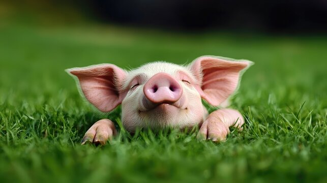 Happy piglet naps in green grass, idyllic farm