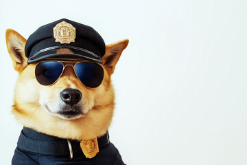 Shiba dog in police uniform with hat and sunglasses, cute animal posing for funny officer portrait