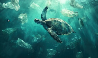 Turtle swimming through plastic bags in the ocean, a stark representation of marine pollution, Turtle and plastic, ocean pollution