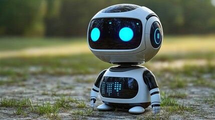 Business Get to know customers Playful robot toy with glowing blue eyes.