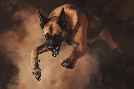 A Malinois dog jumping in attack with alert and active stance, fierce and dynamic pose
