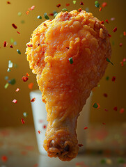 Delicious Crispy Fried Chicken Drumstick with Colorful Falling Spices in Studio Close-up