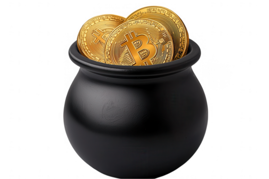 Pot filled with golden bitcoins on a transparent background highlighting cryptocurrency wealth and investment opportunities