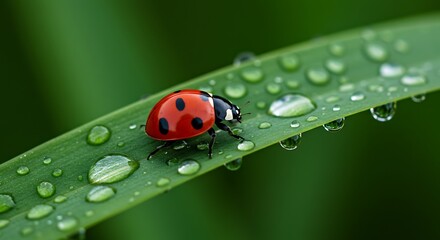 Ladybug Walking on Wet Green Leaf with Water Droplets