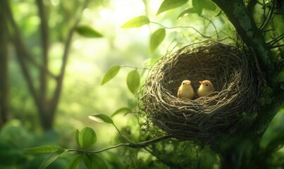 Nest of small birds nestled in tree branches, softly lit against a lush green background, creating a heartwarming and peaceful nature scene