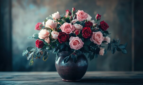 Romantic bouquet of blush pink and deep red roses arranged with soft greenery in a rustic vase, exuding timeless elegance.