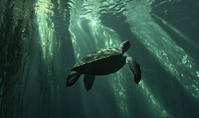 Obraz premium Dynamic underwater view of a sea turtle illuminated by soft sunlight filtering through the water, showcasing the beauty of marine life