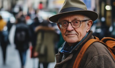Elderly man wearing a hat and glasses, standing on a busy street
