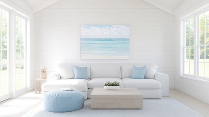 Tranquil beach scene in a bright living room
