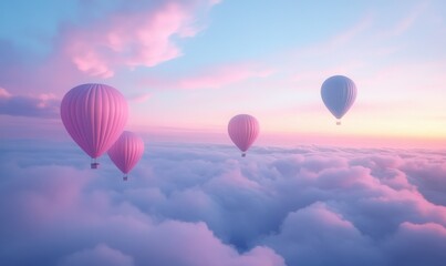 Obraz premium Vibrant balloons in shades of pink and blue floating gently above a soft cloudscape, pastel tones enhancing the dreamy feel,