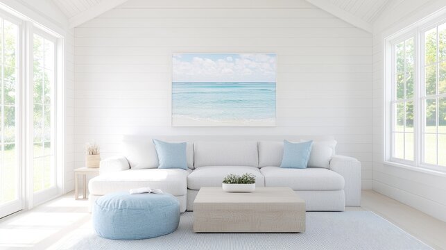 Tranquil beach scene in a bright living room