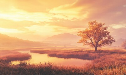 Obraz premium Peaceful dreamy landscape of soft pastel-colored clouds in a golden sunset sky creating a serene and vibrant natural setting .