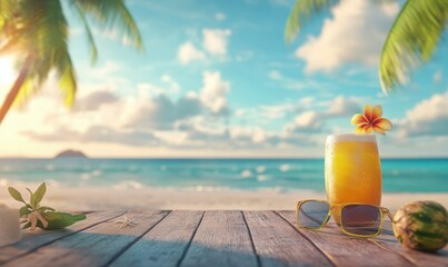 Scenic beachside view with sunglasses and a tropical drink placed on a wooden table under the bright sun. Vibrant tones evoke summer vibes,