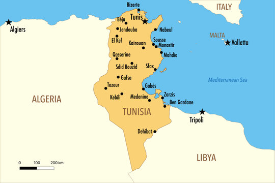 Vector Map of Tunisia with Major Cities and Neighboring Countries &ndash; Editable Infographic