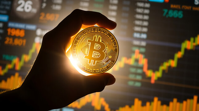 Mano sosteniendo una moneda de Bitcoin con gr&aacute;ficos financieros de fondo.