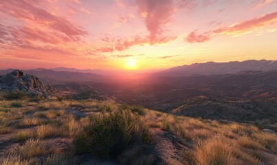 Peaceful mountain landscape with soft pink and orange hues of sunrise blending into a serene sky, creating an inspiring natural scene