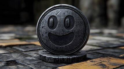 A close-up of a vintage-style stone coin engraved with a cheerful smiley face, set on a rustic cobblestone surface