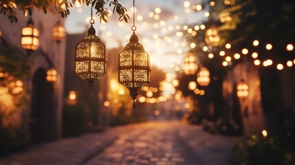 Obraz premium Enchanting Ramadan evening: Ornate lanterns illuminate a magical street scene under a warm, twilight sky with soft bokeh lights.