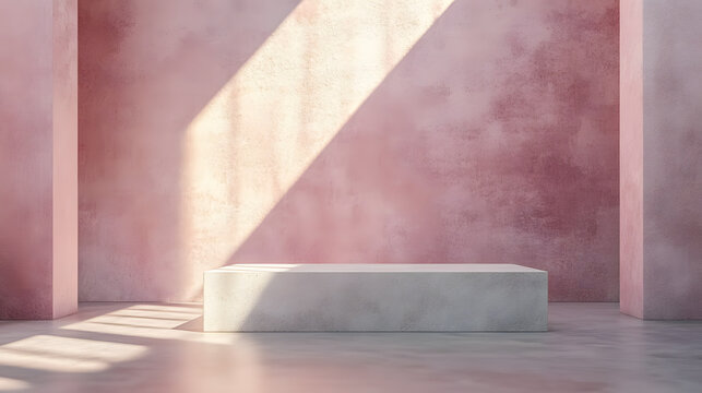 A minimalist 3D render of a light pink concrete podium bathed in soft, natural sunlight
