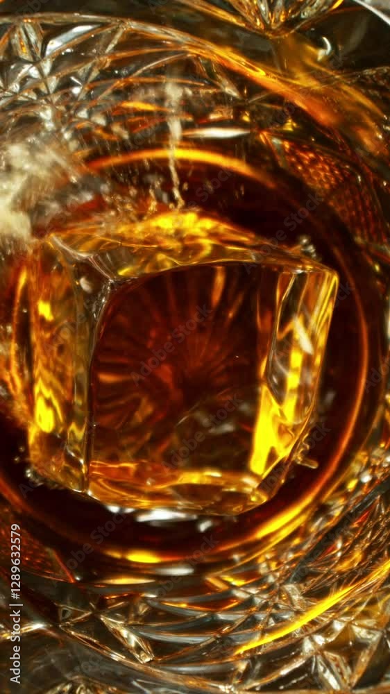 Poster super slow motion of falling ice cube into cola drink. filmed on high speed cinema camera, 1000 fps,