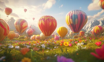 Obraz premium Vibrant field with colorful hot air balloons ready to take flight, bright sunlight illuminating the vibrant patterns and creating an adventurous atmosphere,