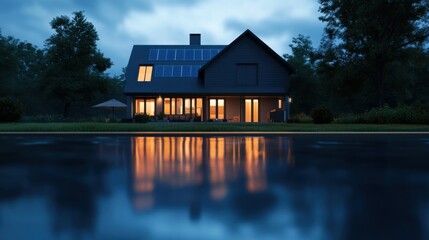 Obraz premium house at dusk reflecting in water
