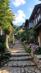 Stone stairway ascending between houses and lush vegetation in the sunlight