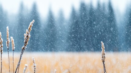 Snowy field, frosted plants, winter forest background. Nature scene for calendar or website