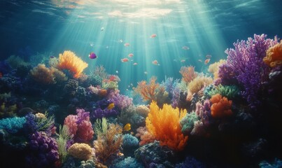 Naklejka premium Vibrant underwater coral reef filled with colorful marine life, illuminated by rays of sunlight filtering through the ocean surface