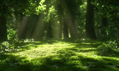 Fototapeta premium Lush vibrant green forest floor illuminated by sunlight streaming through tall trees, casting dappled shadows on the mossy ground,