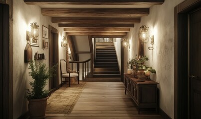 Warmly lit rustic hallway with wooden beams and vintage decor, creating a cozy atmosphere.