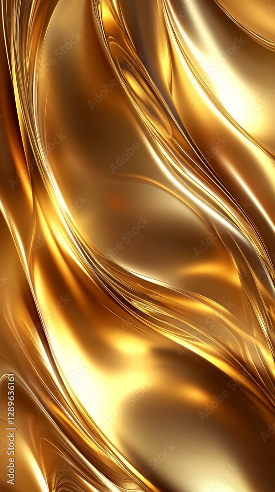 Poster abstract golden liquid texture with smooth curves and shiny metallic highlights, showcasing fluid mo