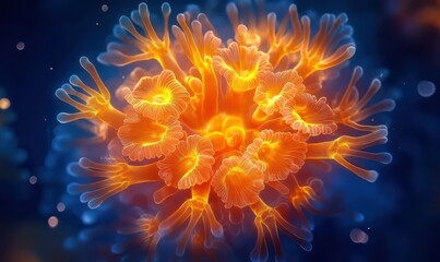 Vibrant coral polyps illuminated in rich golden-orange tones against a deep blue aquatic backdrop.