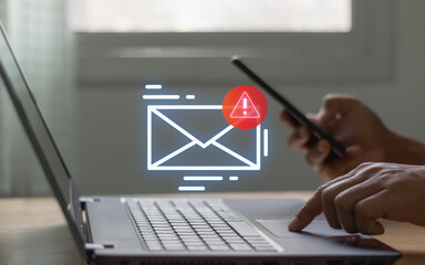 Fraud, sms spam, fake text message phishing from scammer concept. System hacked red warning alert,...