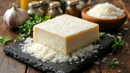 Parmesan cheese block, grated on slate board, herbs, garlic, spices, cooking background