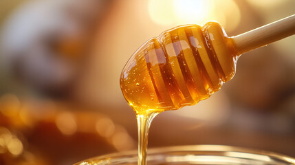 Close-up of honey drizzling from wooden dipper with warm sunlight and copy space