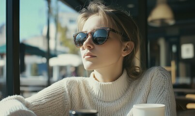 Young woman wearing sunglasses sitting at an outdoor cafe, vibrant sunlight casting soft shadows, her relaxed expression reflecting a peaceful afternoon,